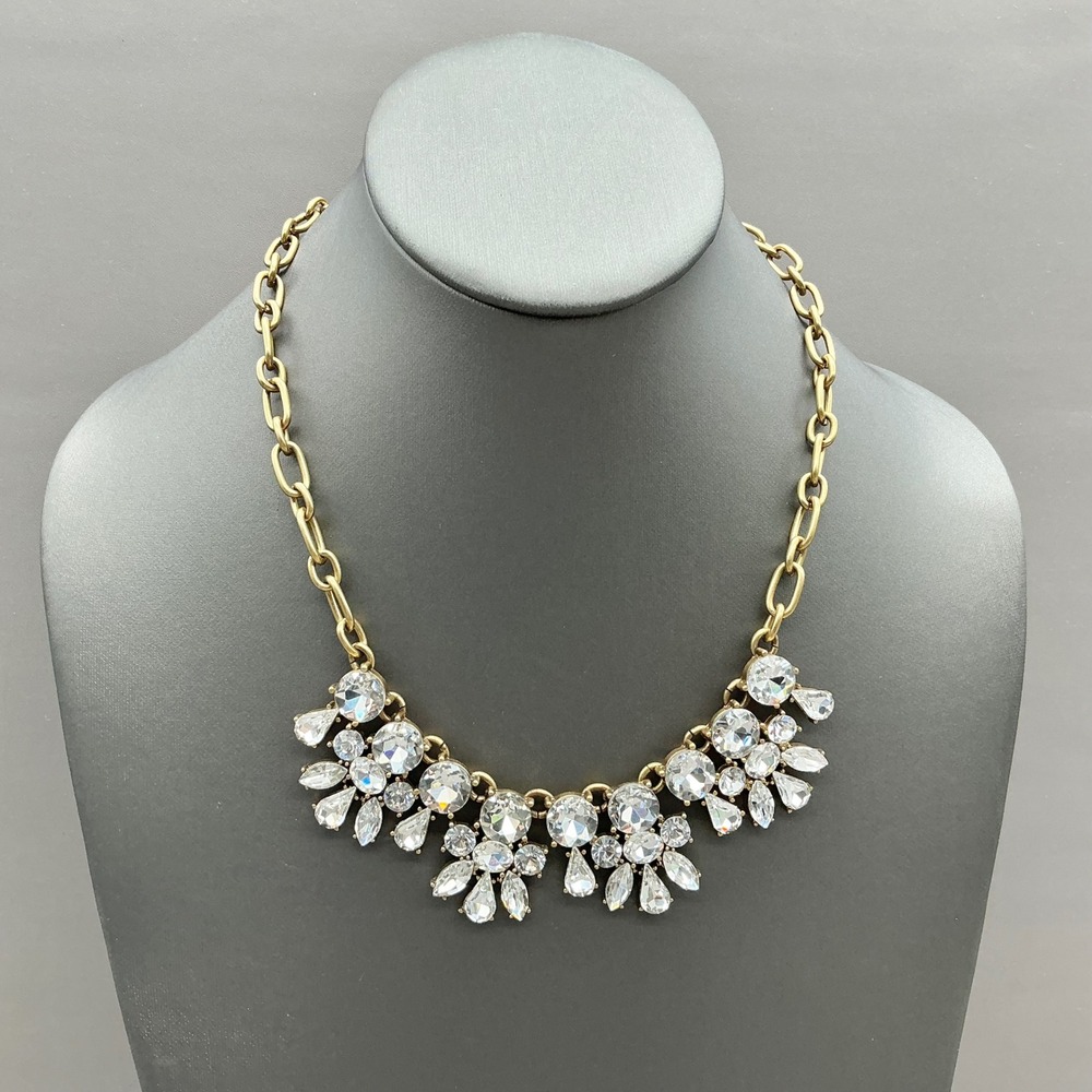 J.Crew Statement Necklace Women Gold Tone Crystal Cluster Bib Adjustable Chain